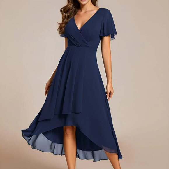 Navy Chiffon Pleated Empire Waist Midi High Low Hem Party Dress * Medium * NEW - Picture 11 of 14